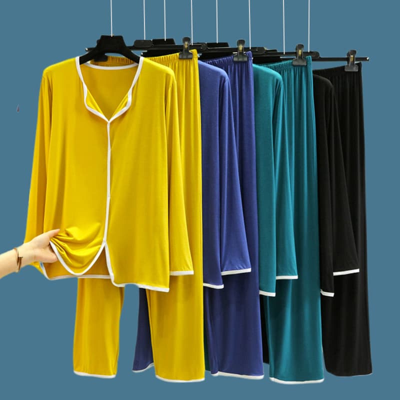 Senhoras Modal pijamas primavera outono tamanho grande solto fino de manga comprida Loungewear terno pode usar fora Casu