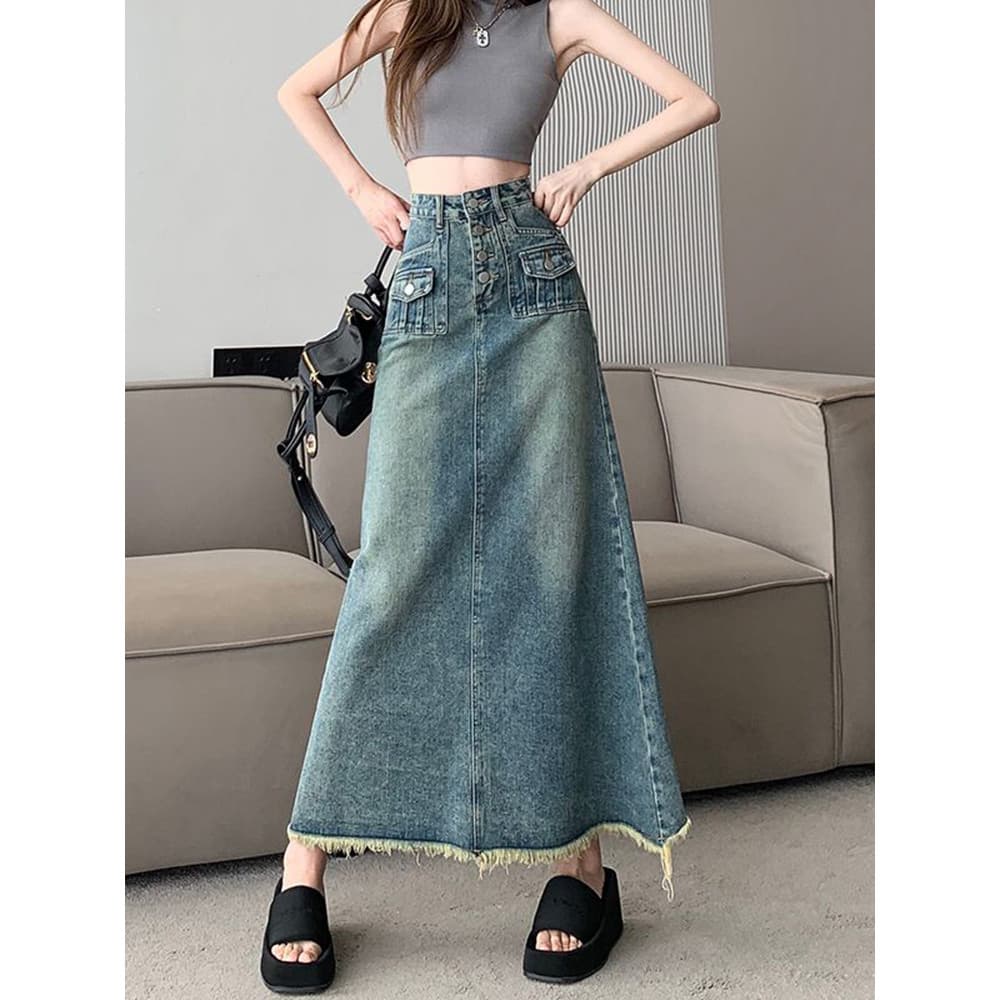 Hong Kong estilo Retro Denim saia feminina primavera verão Design botão cintura alta mais magro olhar A linha saia de co