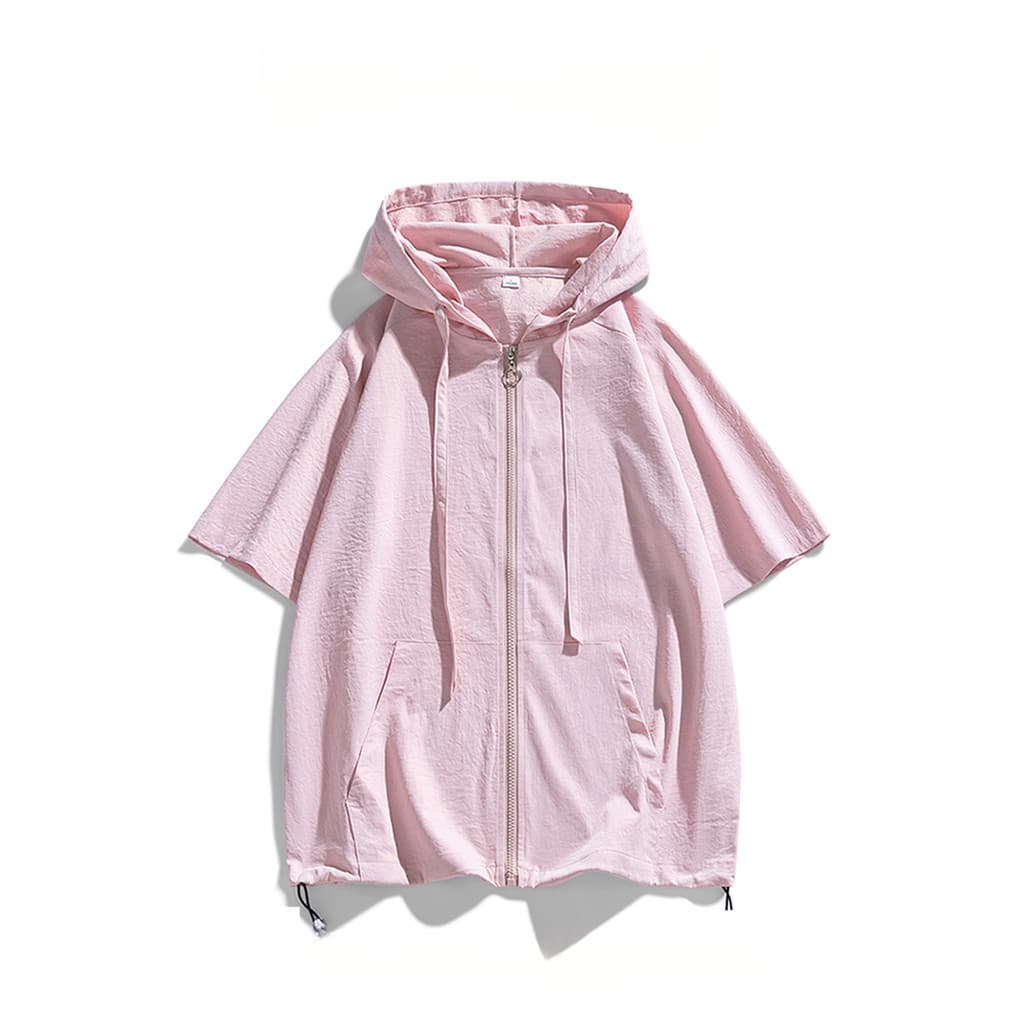 WASSUP PANDA Cardigan com capuz rosa manga curta camiseta masculina feminina verão solto Casual protetor solar jaqueta c