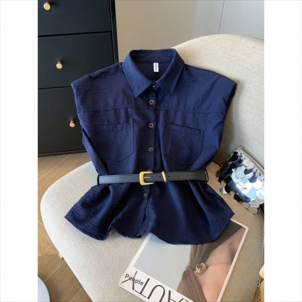 Retro colete gola Polo cintura estreita sem mangas camisa feminina verão pequeno Design fino-ajuste mais magro olhar cur