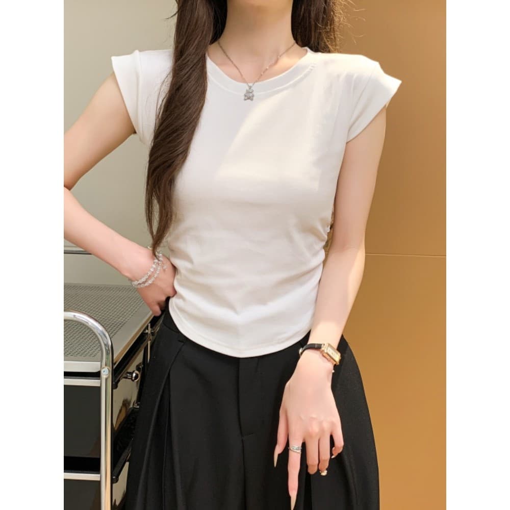 Branco ombro positivo camiseta de manga curta feminina verão estilo fino High-End sentimento cintura estreita mais magro