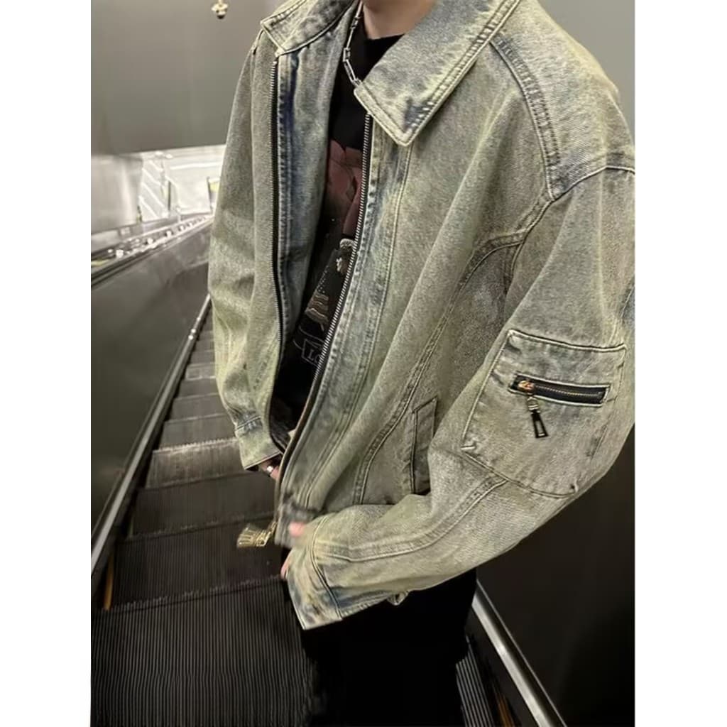 Americano High street curto denim jaqueta masculina primavera zíper street Wear gola almofadas de ombro jaqueta jeans ja