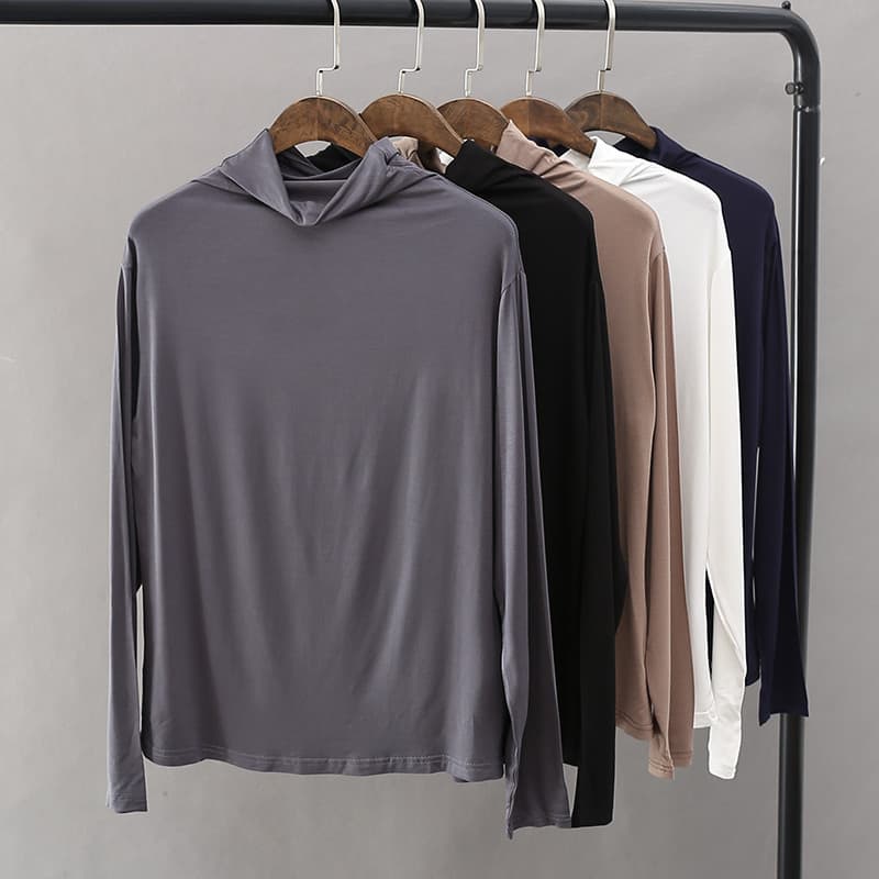 Modal camisa de fundo de pescoço alto primavera verão versão coreana solta tamanho grande fino manga comprida camiseta s