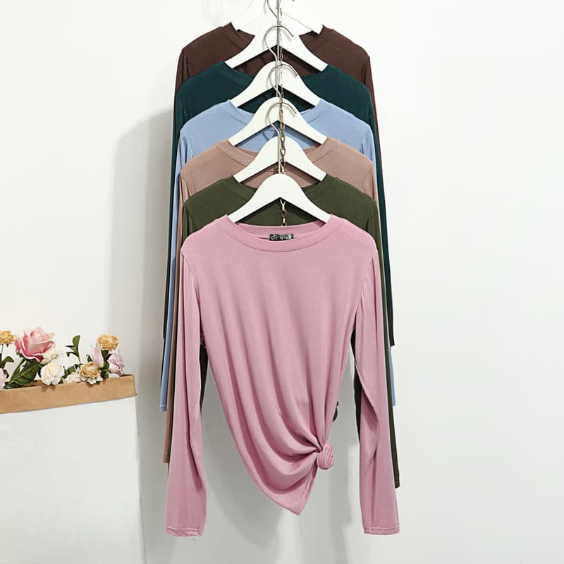 Modal camisa de manga comprida feminina primavera verão fino em torno do pescoço magro-ajuste camiseta cor sólida mais m