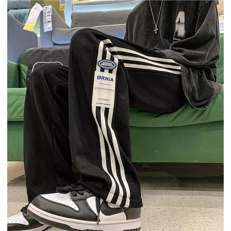 Calças casuais masculinas na moda outono inverno solto calças de lã reta americano listrado perna larga esportes Sweatpa