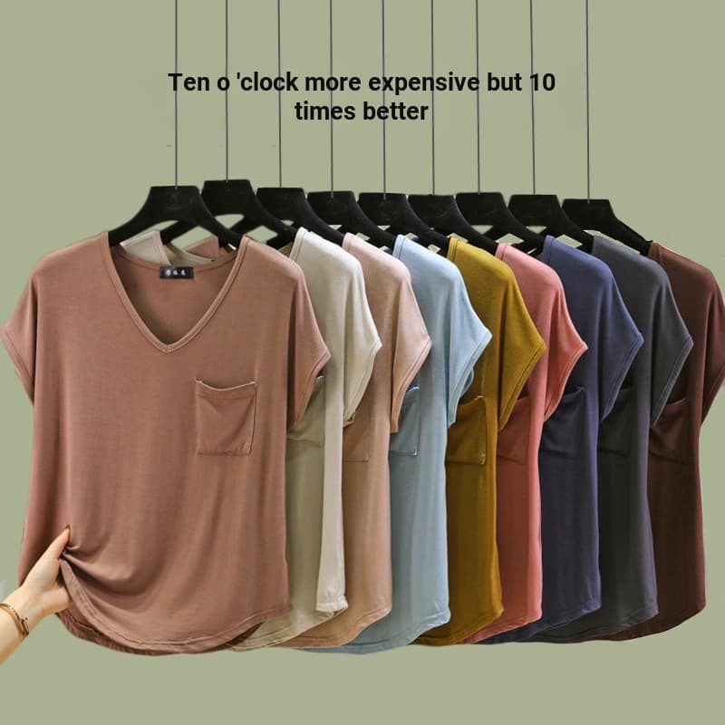 Solto V gravata bolso de manga curta Modal camiseta feminina verão fino topo mais magro olhar cor sólida camisa de fundo