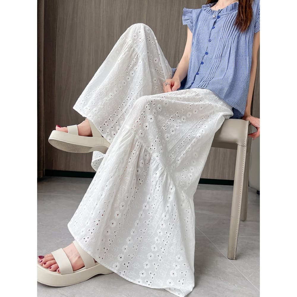 Design costura oco bordado flor calças de perna larga saia feminina verão estilo fino preguiçoso solto drapeado esfregar