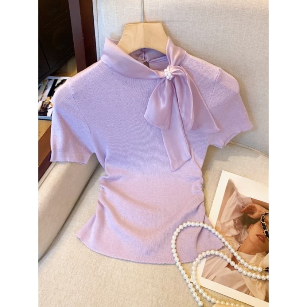 Bowknot roxo curto fino-ajuste de malha de manga curta camiseta feminina camisa de fundo interno crochê cintura Design n