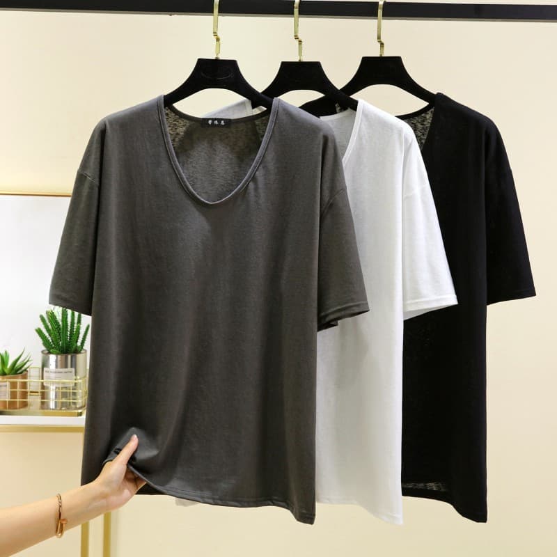 Oval solto de manga curta camiseta feminina verão exterior usar solto algodão topo cor sólida estilo fino mais magro olh