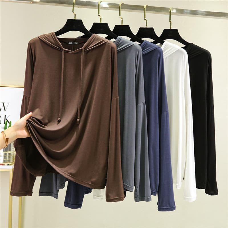 Primavera verão versão coreana moletom com capuz feminino Modal solto camisa de manga comprida mais magro olhar interior