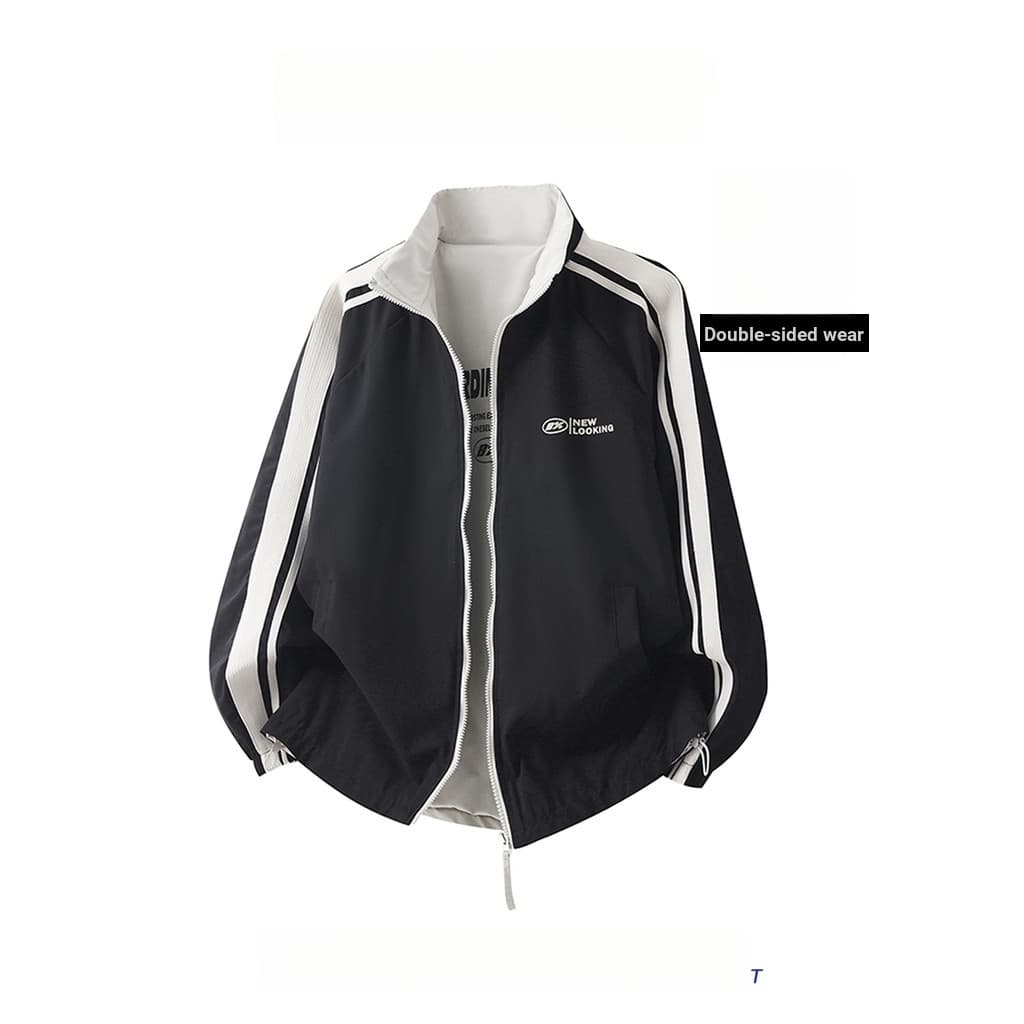 WASSUP PANDA Listrado Gola Alta Dupla Face Gola Alta Jaqueta Masculina Primavera Outono Street Wear Contraste Cor Solta