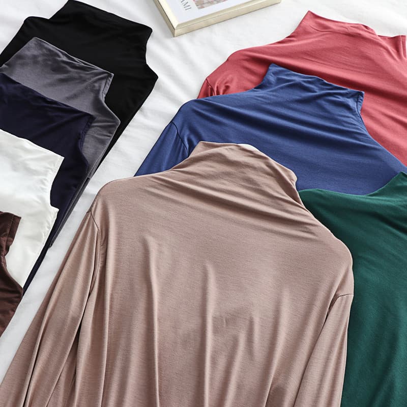 Modal meia gola alta camisa de manga comprida camiseta feminina primavera verão gola pilha estilo ocidental interior sol
