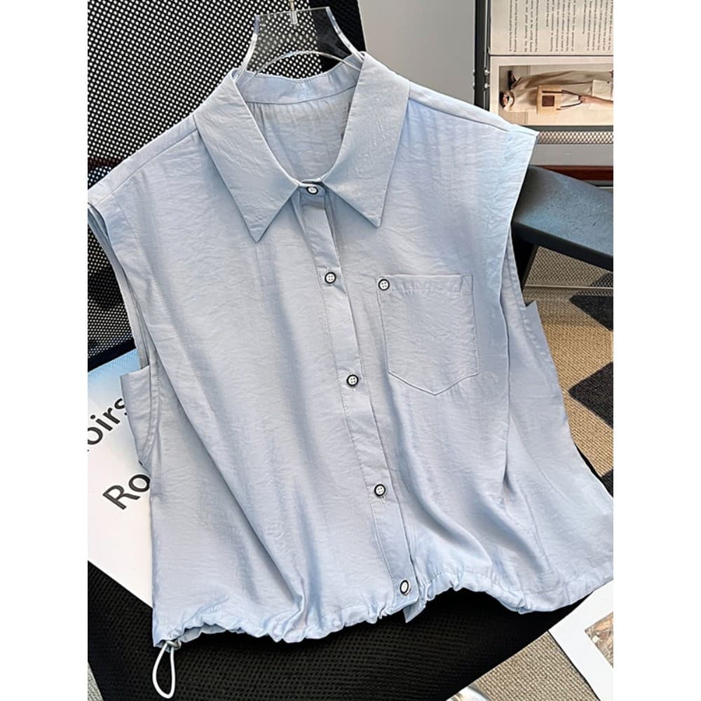 Versão coreana Design sem mangas camisa feminina verão fino solto camisa Casual gola polo cordão curto topo