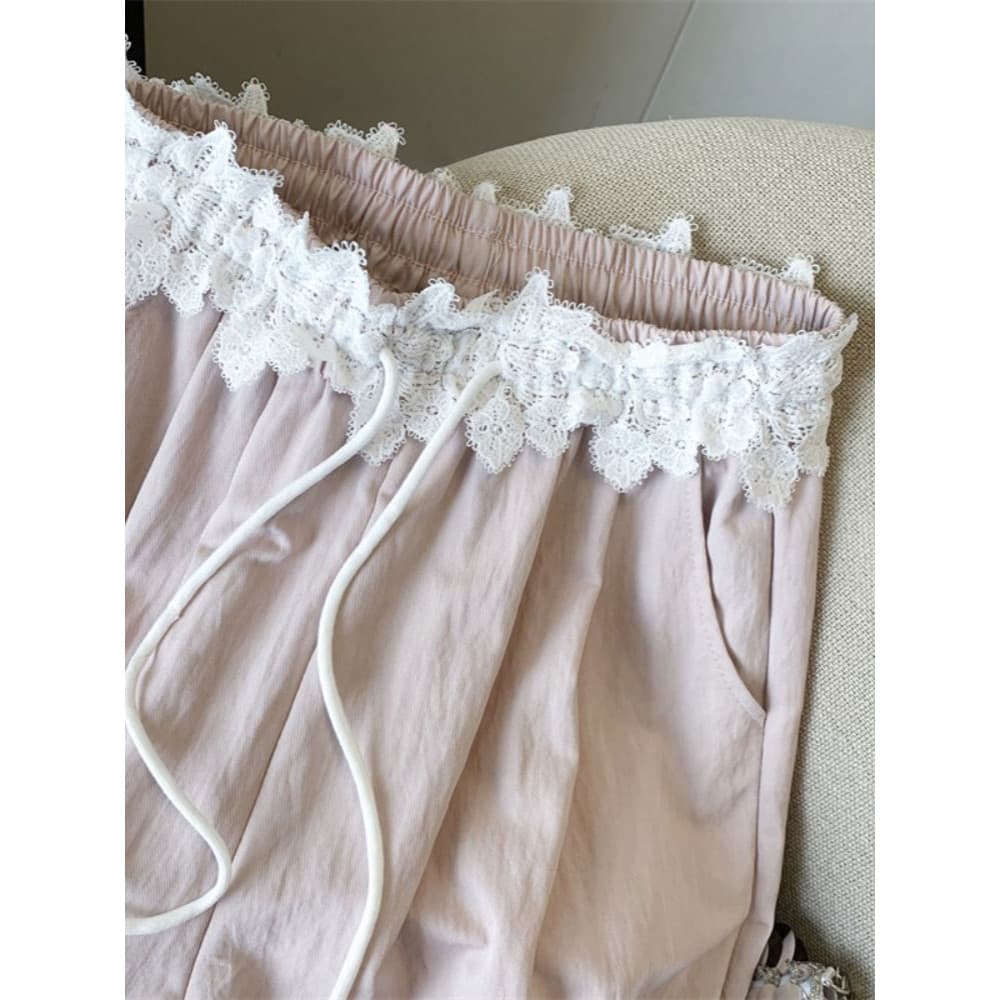 Doce renda costura calças de perna larga feminina primavera cintura elástica Drape solto Casual calças de perna reta est