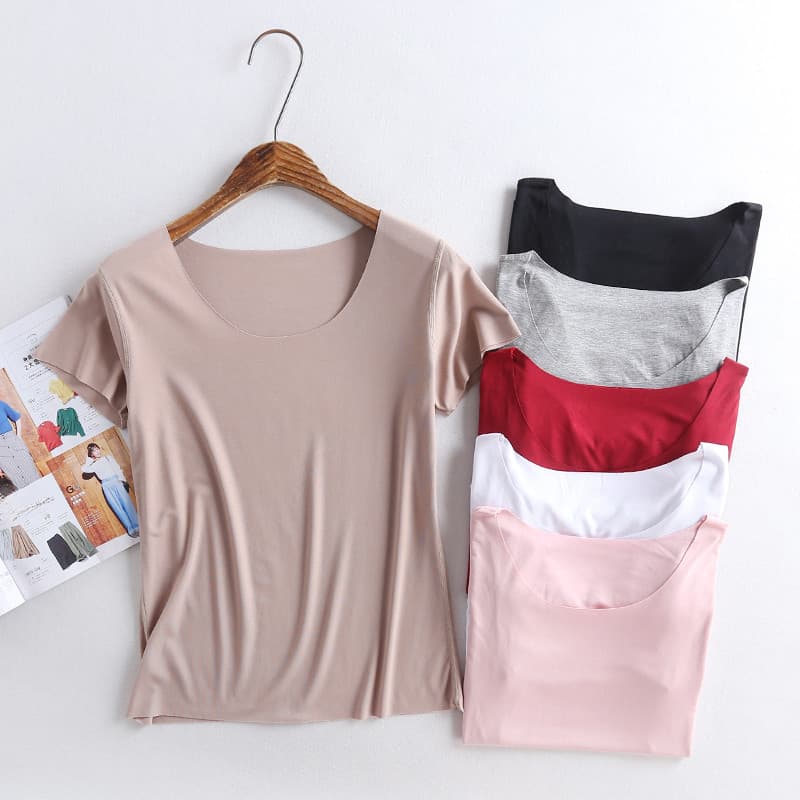 Camiseta feminina de cor sólida, roupa externa, verão, sem costura, manga curta, fina, tamanho grande, roupa interna, Sl