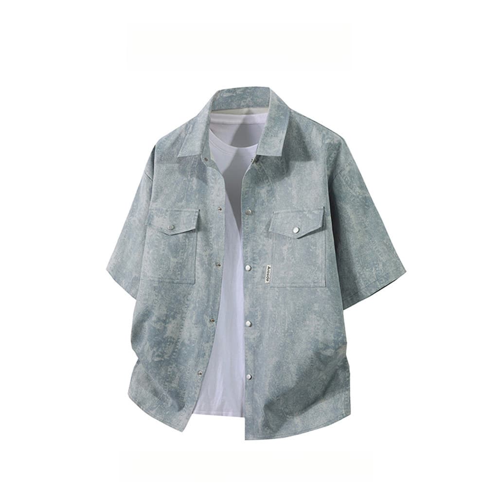 WASSUP PANDA Tie-Dye Workwear Camisa de manga curta masculina verão Street Wear lapela solta camisa Casual jaqueta