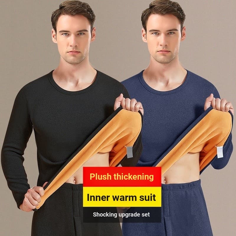 Roupa interior térmica masculina forro de lã de inverno engrossado à prova de frio justo redondo
