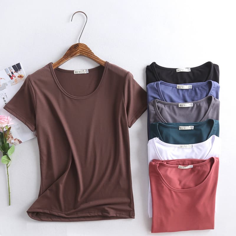 Cor sólida em torno do pescoço camiseta feminina verão manga curta Modal topo camiseta tamanho grande solto All-Match ma