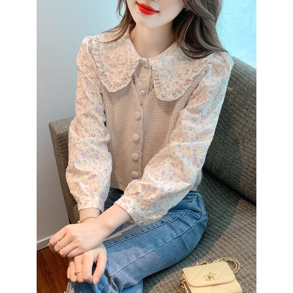 Gola de boneca camisa Floral feminina 2026 novo estilo moda redução de idade topo início do outono usar camisa colete te