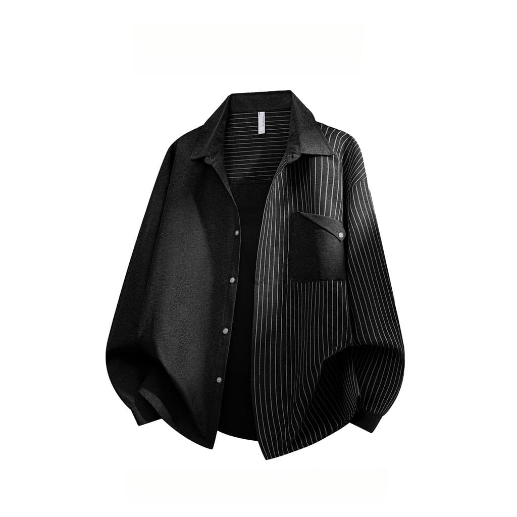 WASSUP PANDA Camisa de manga comprida com costura listrada masculina outono Street Wear Design Casual camisa solta jaque