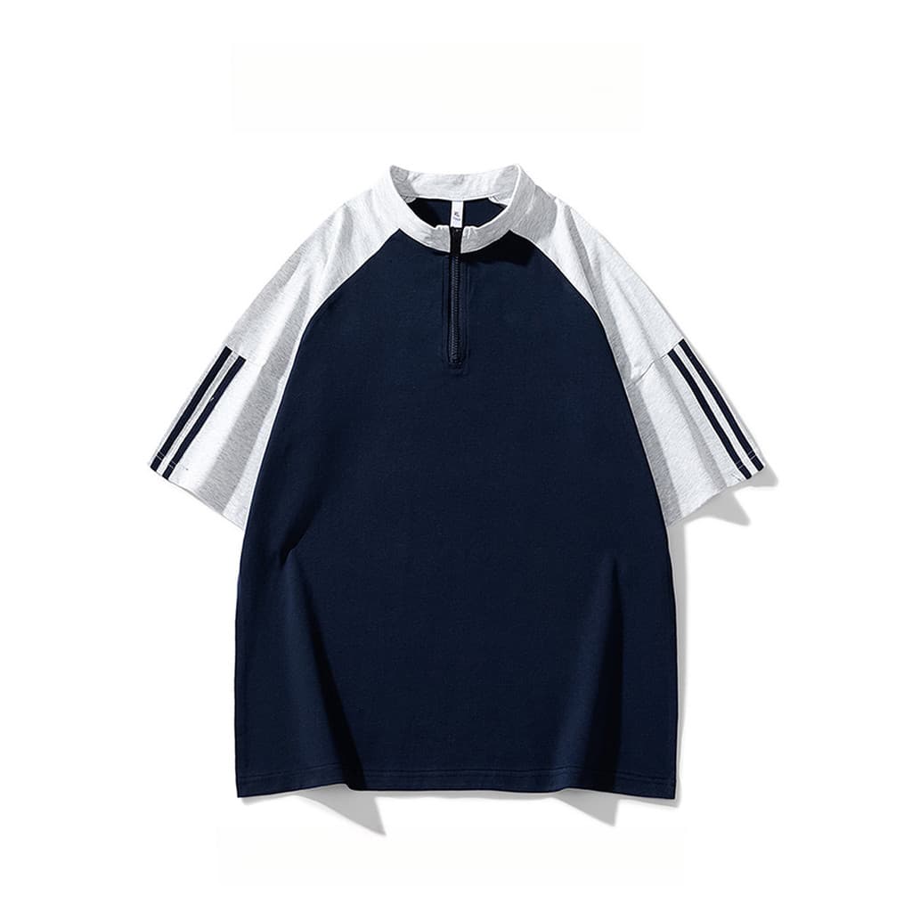 WASSUP PANDA American Street Wear Meio Zíper Gola Manga Curta Camiseta Masculina Verão Cor Combinando Raglan Meia Manga