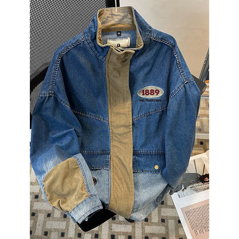 Jaqueta jeans masculina com costura de veludo, primavera outono, novo estilo, roupa de rua, jaqueta jeans americana, gol