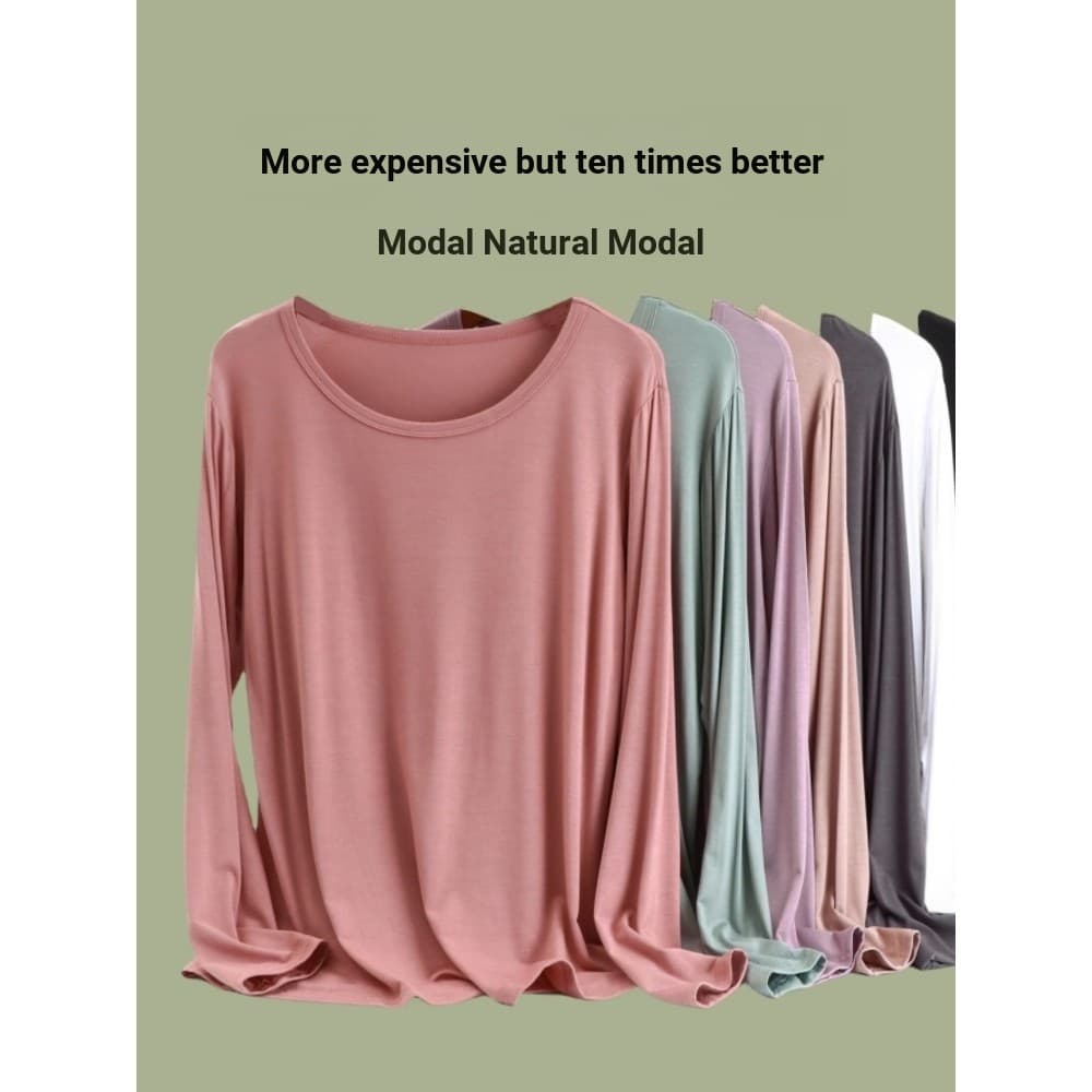 2024 outono Modal camisa de manga comprida feminina tamanho grande solto em torno do pescoço camiseta interna cor sólida