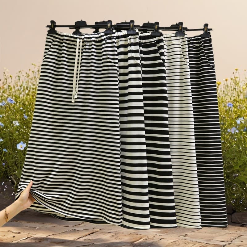 Verão 2025 novo estilo preto branco listrado saia feminina solta a linha saia mais magro olhar cintura alta saia de fund