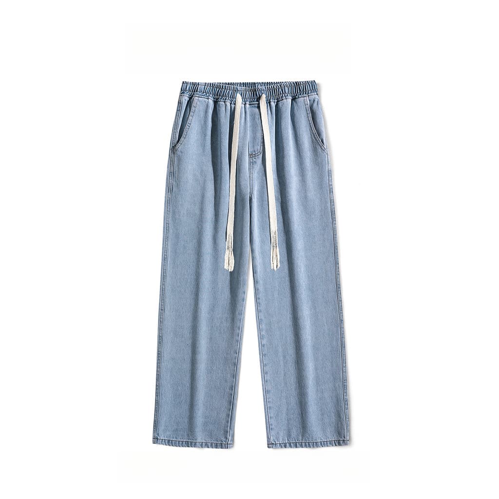 WASSUP PANDA Retro Simples Cor Sólida Reta Cordão Jeans Masculino Street Wear Solto Calças Casuais de Perna Larga