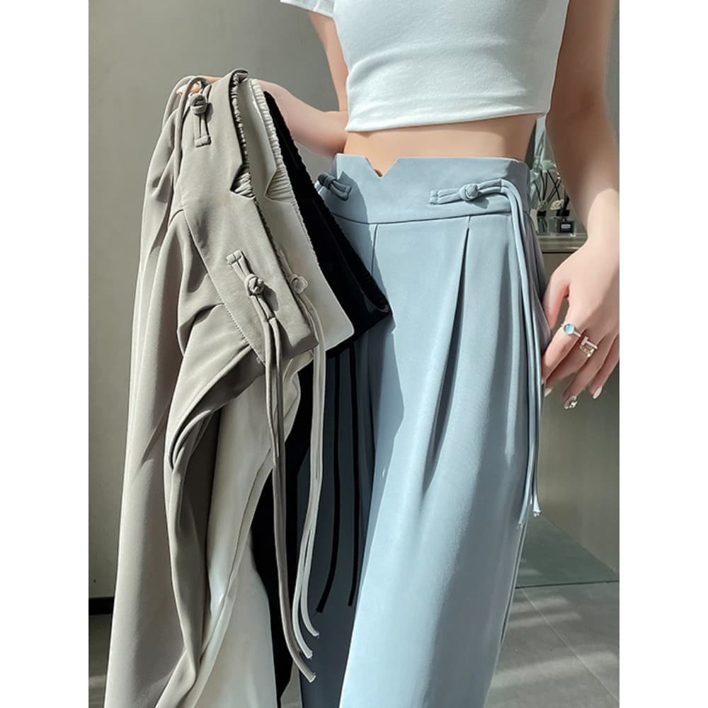 Novo estilo chinês estilo nacional calças de perna larga de seda gelo feminino verão estilo fino high-End Drape terno ca