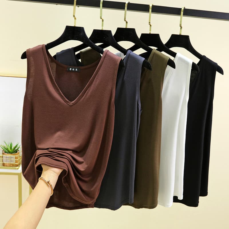 2024 verão Modal grande decote em V camisola feminina estilo fino sem mangas camisa de fundo All-Match cor sólida topo