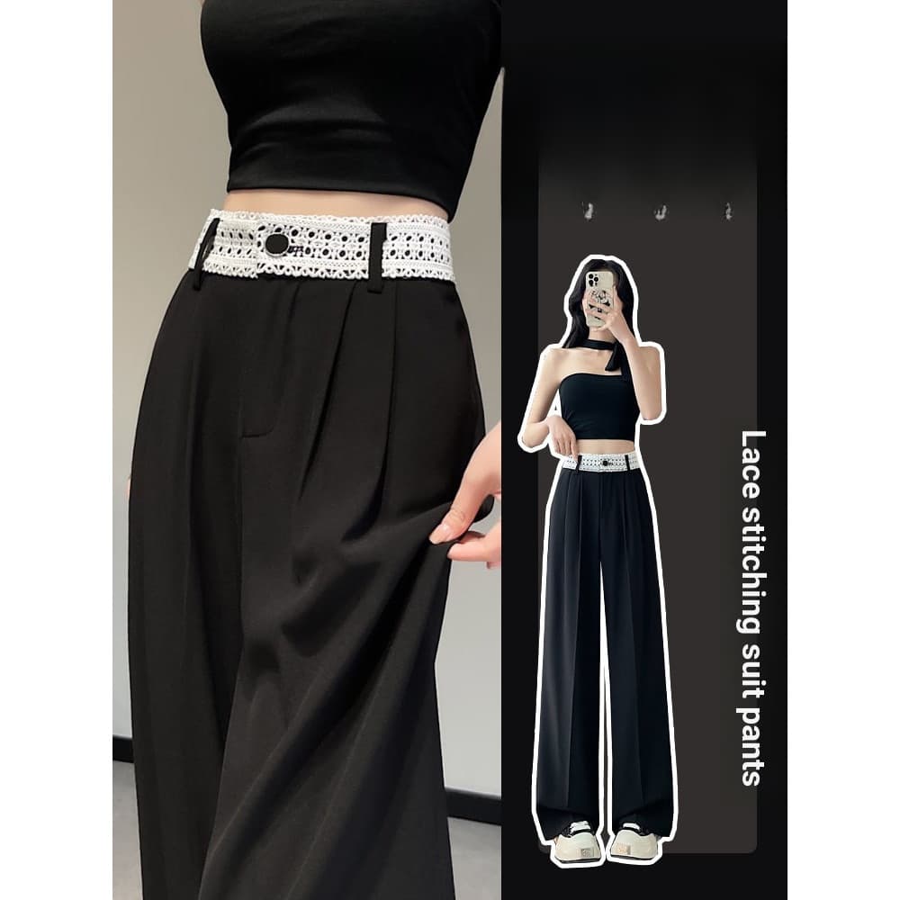 Renda costura cintura alta terno calças femininas verão Design em linha reta calças casuais pequeno estreito esfregar ca