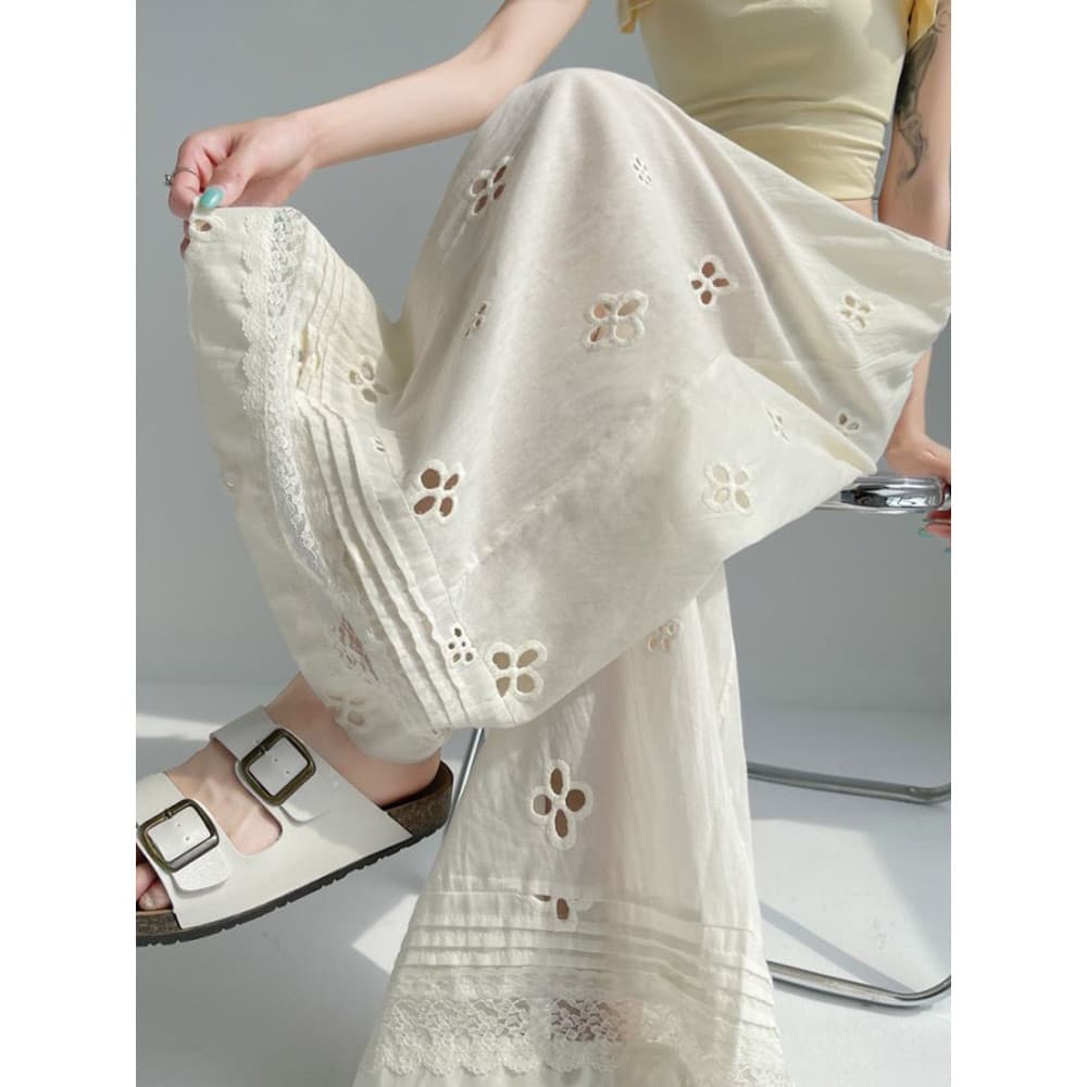 Bege renda oco calças de perna larga feminina verão Design fino calças casuais cintura alta Drape gelo seda tornozelo co