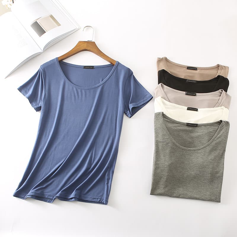 Verão fino fino-ajuste meia manga Modal em torno do pescoço de manga curta camiseta cor sólida topo Plus Size camisa de