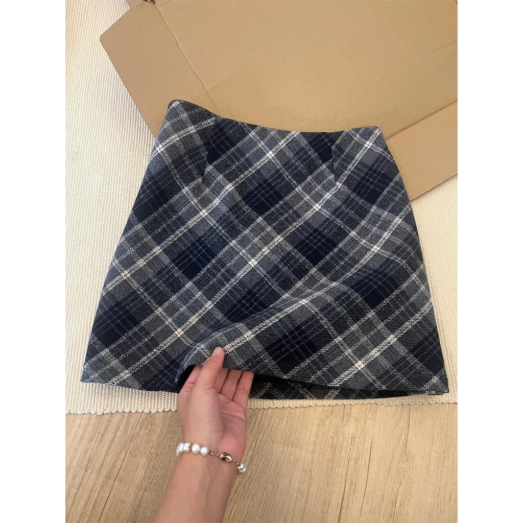 Tamanho grande cinza azul xadrez saia feminina primavera outono novo estilo cintura alta xadrez a linha saia de lã mais