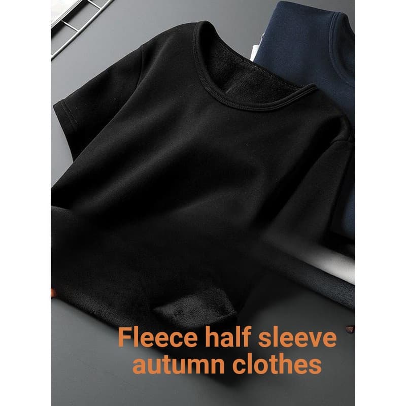 ((Forro de lã) Camiseta masculina de manga curta outono inverno forro térmico engrossado cor sólida curto metade