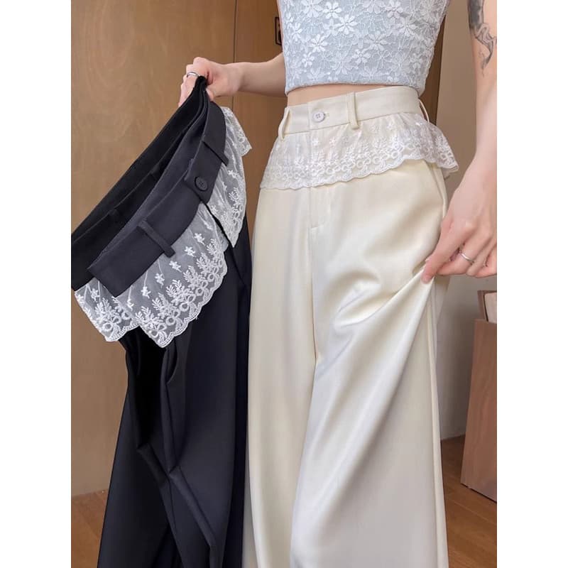 Terno de renda calças de perna larga feminina primavera verão Design cintura alta versão estreita mais magro olhar Drape