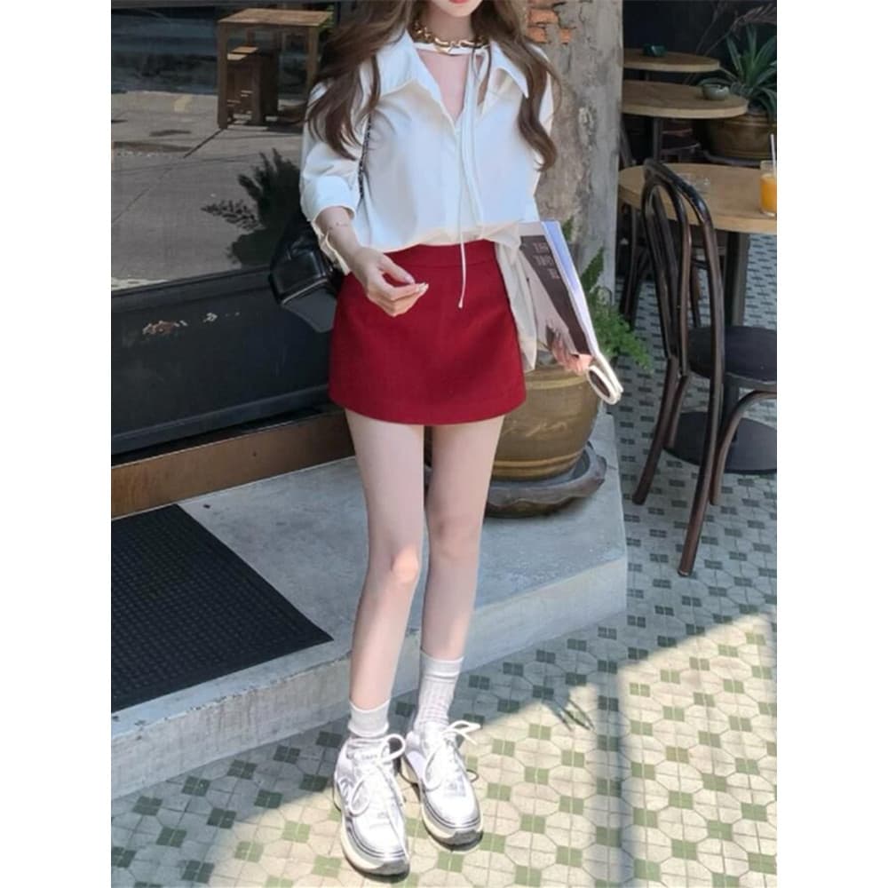 Tamanho grande saia de lã vermelha feminina primavera outono ligeiramente gorda mm saia pequena cintura alta elegante sa