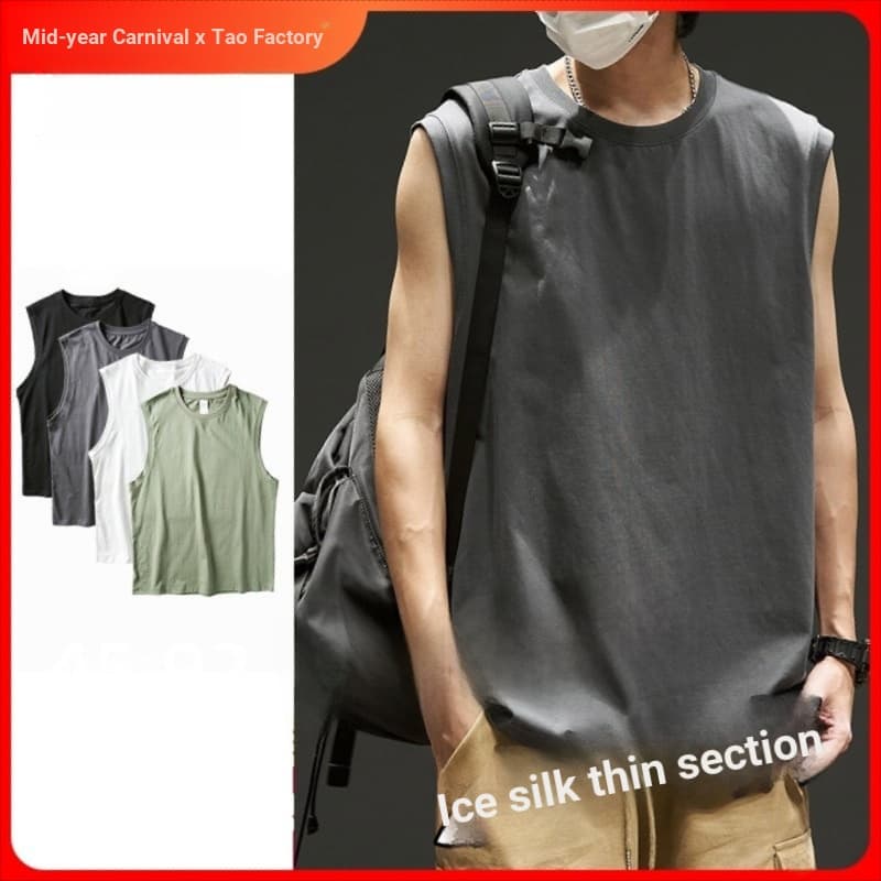 Modal gelo seda verão colete masculino na moda solto em torno do pescoço camiseta estilo Hong Kong esportes sem mangas F