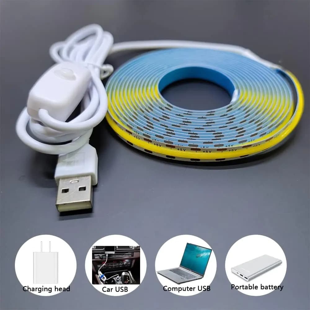 Nova luz de fita LED USB com botão, 5V, 320 LEDs/m, ultra brilhante COB, adequada para armários, quartos, cozinhas e