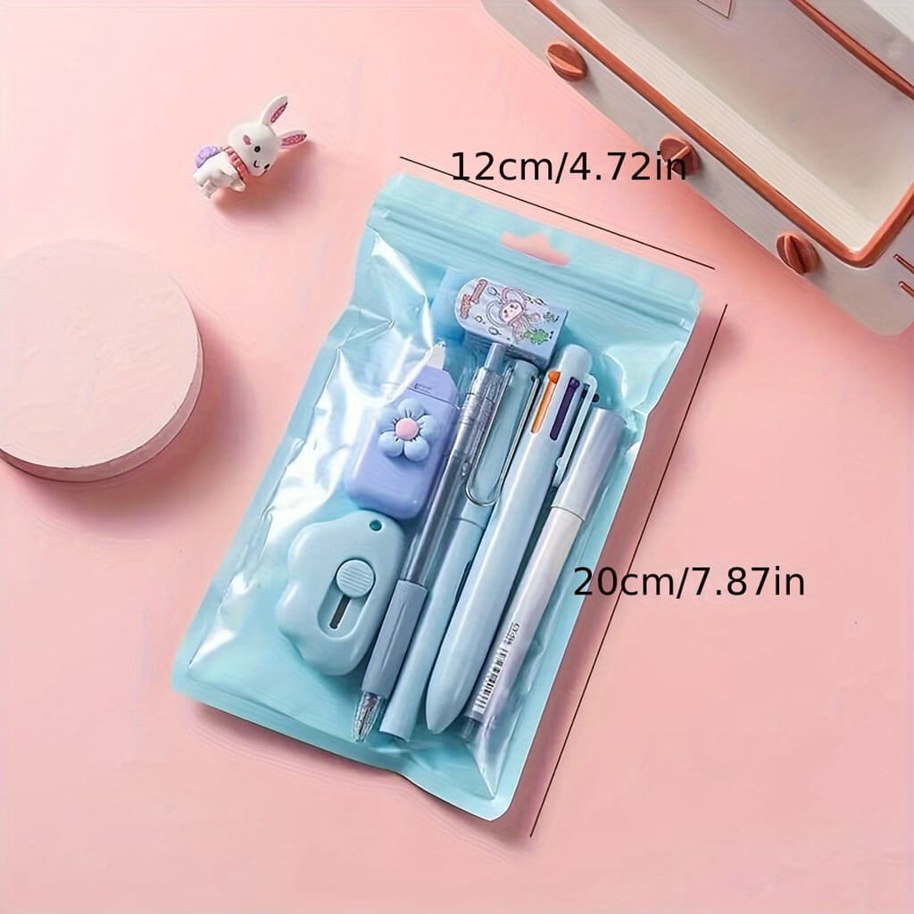 Conjunto de Papelaria Fofo - Kit de 7 Peças de Materiais Escolares de Plástico com Régua e Lápis Afiado