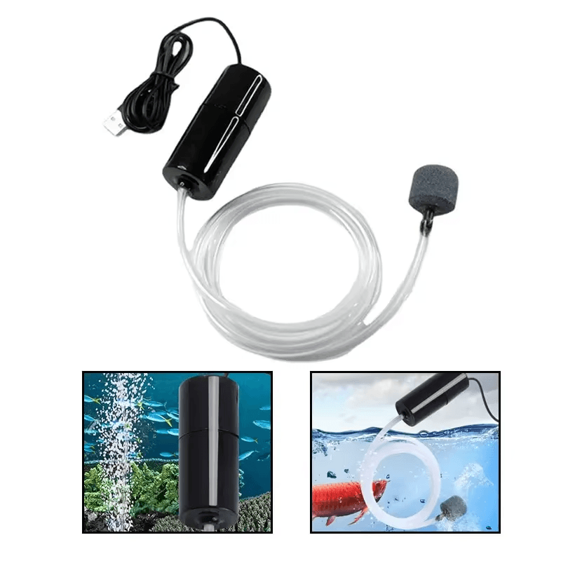 Mini Bomba de Ar USB para Aquário, silenciosa e eficiente, com pedra difusora de ar e acessórios para filtro.