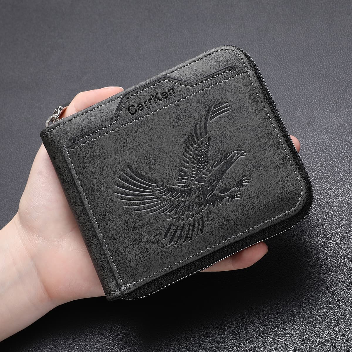 Carteira Masculina De Couro Com Zíper Business Eagle Pattern-Porta-Cartões Multifuncional Slots