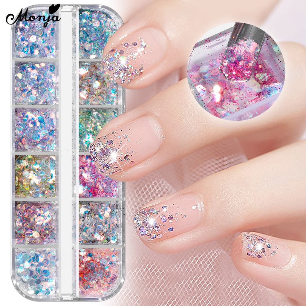 Monja 12 Grades/Caixa Colorido Irregular Unhas Arte Hexágono Glitter Flocos Multi-Tamanho Gel UV Lantejoulas Brilhantes
