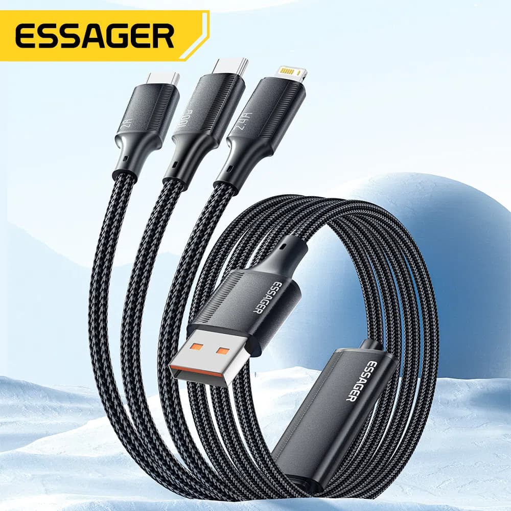 Essager 7A 100W Cabo USB 3 Em 1 Tipo C Micro Plug para Samsung Xiaomi