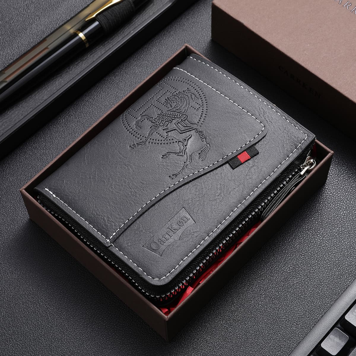 Carteira de Couro Slim com Zíper para Homens CarrKen - Porta Cartões Multifuncional com Design em Patchwork para