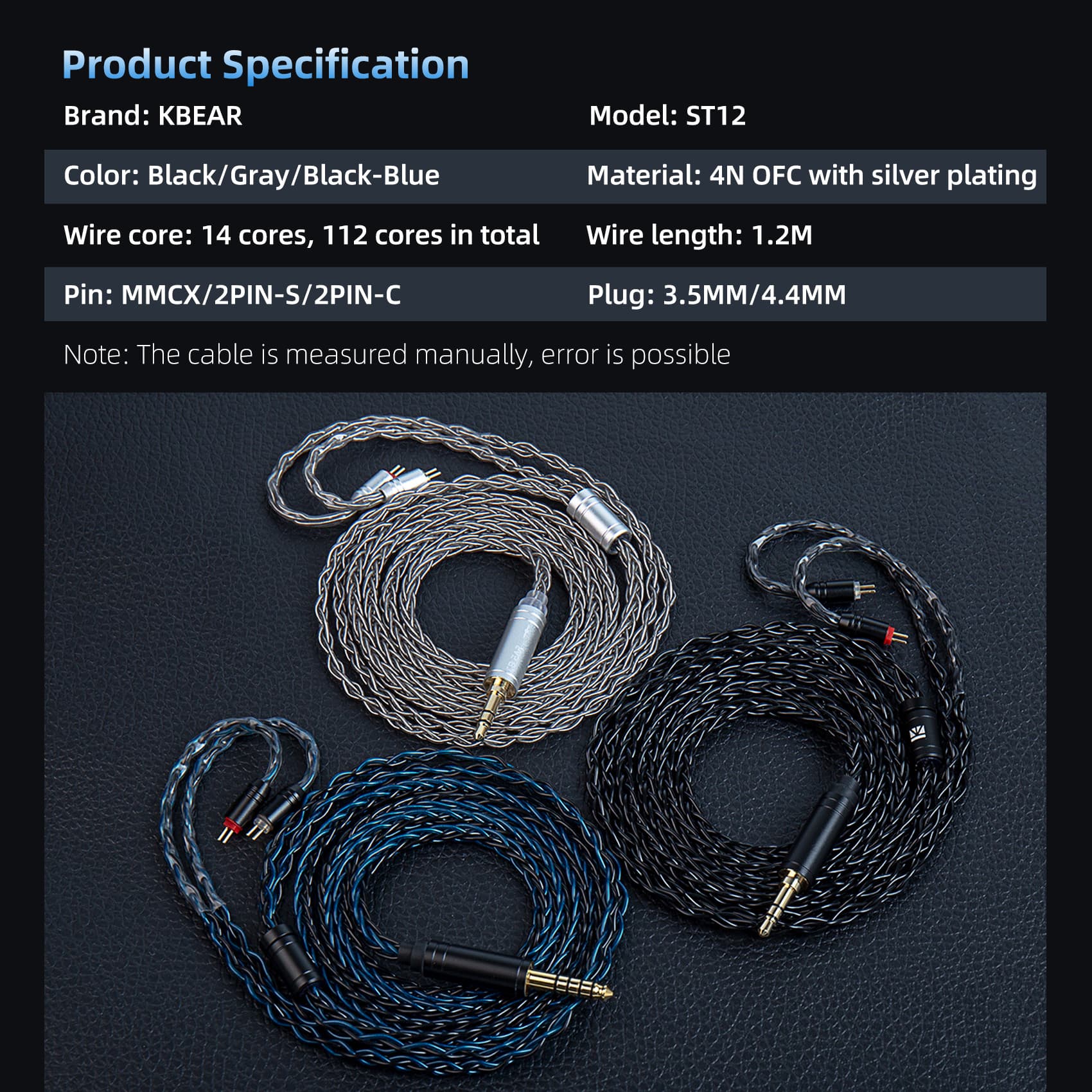 Novo Cabo KBEAR ST12 MMCX/2PIN/QDC para Fones de Ouvido Intra-Auriculares, Cabo de Substituição de Auriculares, 8