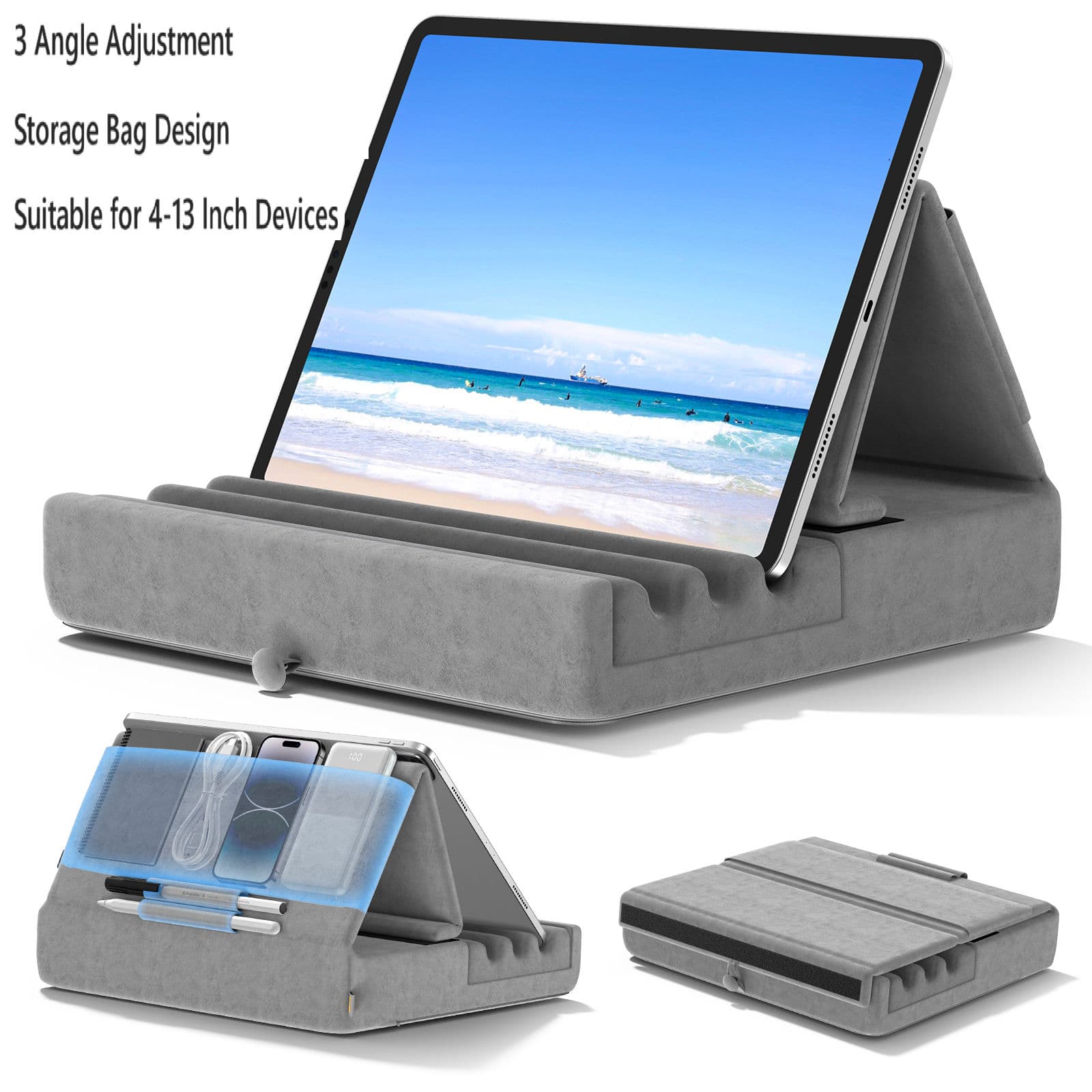 Novo Suporte de Travesseiro para Tablet, Suporte para Telefone Móvel Dobrável e Ajustável com Compartimento e Suporte