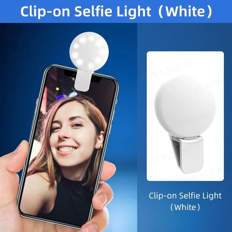 Iluminação de preenchimento para smartphone, luz de selfie regulável, recarregável por USB.