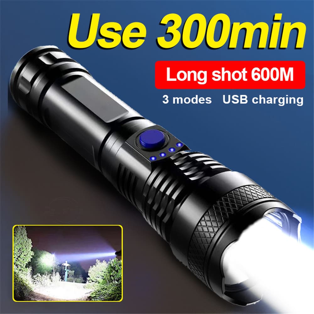 Novo Lanterna USB Recarregável de 300 Minutos com Luz Forte, 3 Modos, Lampião Manual, Bateria 18650, Lanterna à Prova